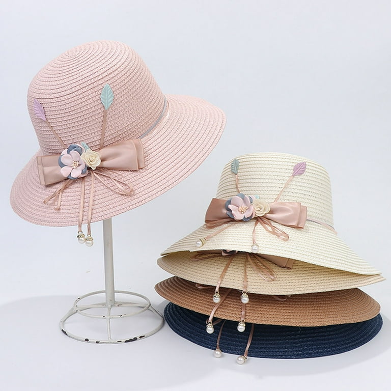 Straw Hats for Women with Ribbon Bowknot Flower Decor Faux Pearls