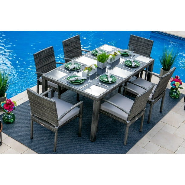 Akoya Wicker Dining Table For Patio Outdoor Patio Furniture Dining Set 7 Piece Dining Table