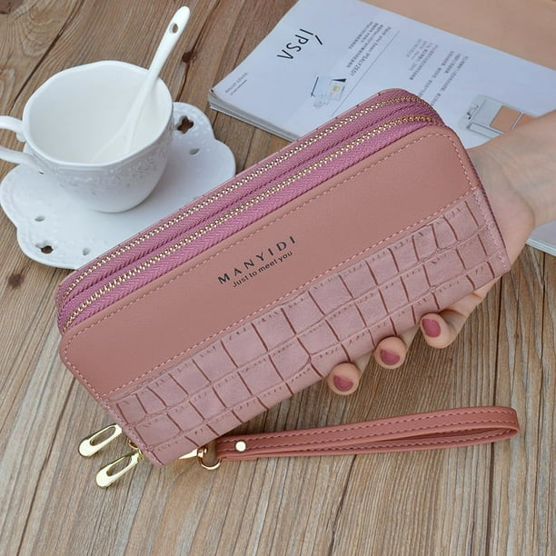 Cartera para mujer con cremallera doble larga y diseño de cocodrilo para teléfono móvil de gran capacidad
