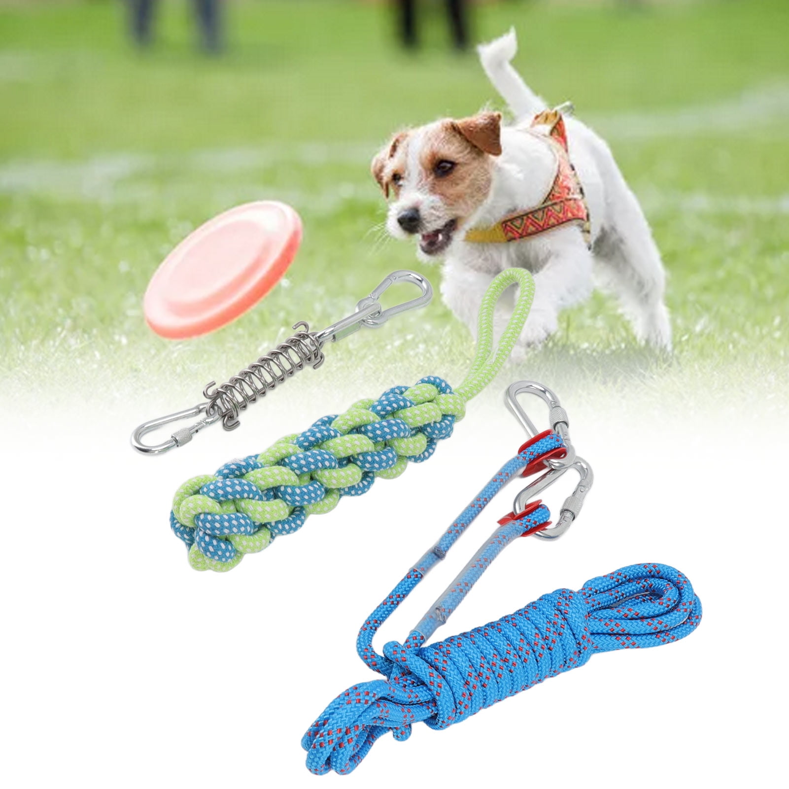 Spring Pole Dog Leash Toy Stainless Steel Spring Cotton Rope Outdoor Bungee Hanging Toy, Interactive Hanging Bungee Dog Toy Suitable for Medium And Large Dogs 5 Meters