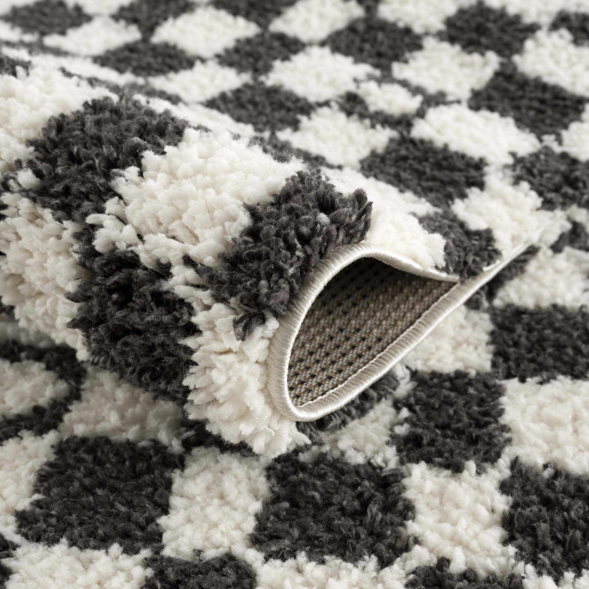 Hauteloom Kieu Contemporary Checkered Fluffy Shag Runner Rug - Modern Geometric Soft Carpet Tiles for Hallway, Kids Room, Nursery - Black, White - 2'7" x 7'3"