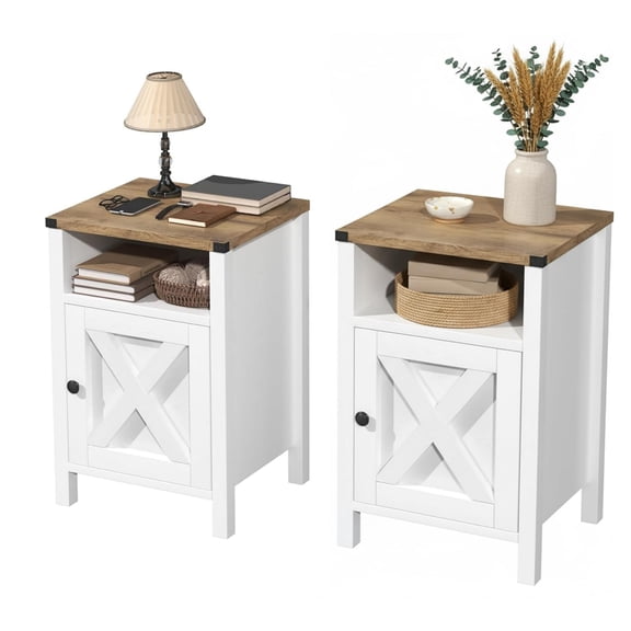 Farmhouse Nightstands Set of 2, Rustic Vintage Side End Table with Storage, Wood Side Table with Barn Door for Bedroom,Natural Oak,White