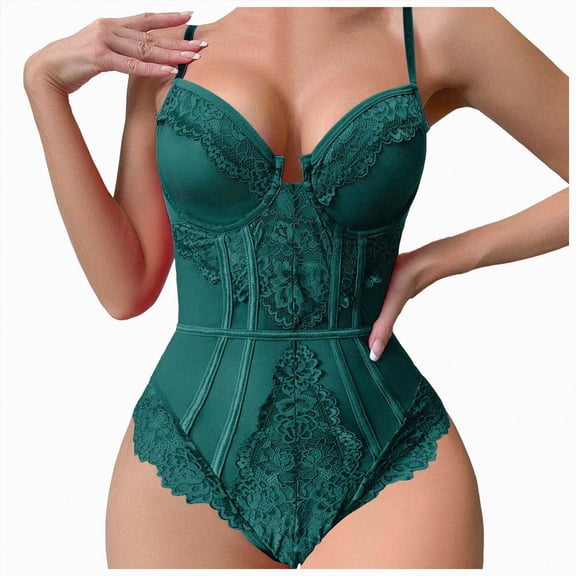 HCNTES Lace Bodysuit Spaghetti Strappy Underwire Sheer Corset Lingerie Push Up for Womens Skinny (Green,M)