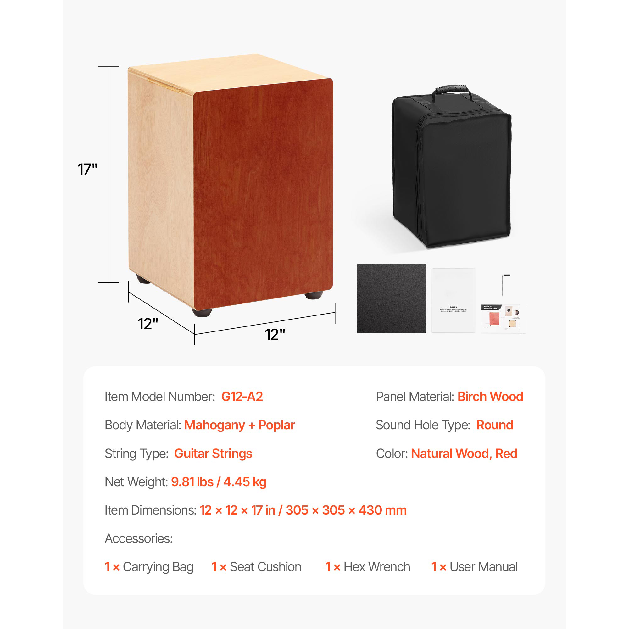 KFFKFF Cajon Box Drum with Internal Guitar Strings, Lightweight Wooden Percussion Instrument, Portable Birch Wood Drum with Travel Bag, Suitable for Beginners and Professionals, 12 x 12 x 17 in