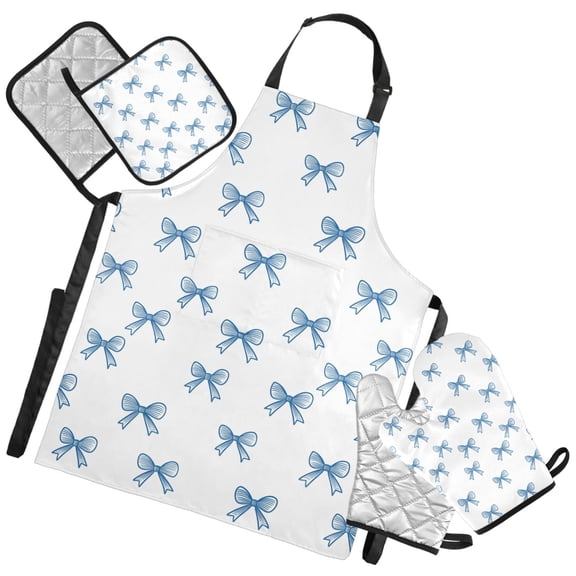 Ryvnso Bows Blue Kitchen Apron Oven Mitts Set Pot Holders