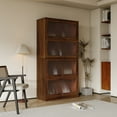 thumbnail image 2 of Resenkos Tall Slant-Back Bookcase, Bookcase Contemporary Closed Back Glass Doors Office Storage Cabinet Floor-to-Ceiling Low Cabinet Bookcase Against Wall Dustproof Bookshelf, Brown, 2 of 12
