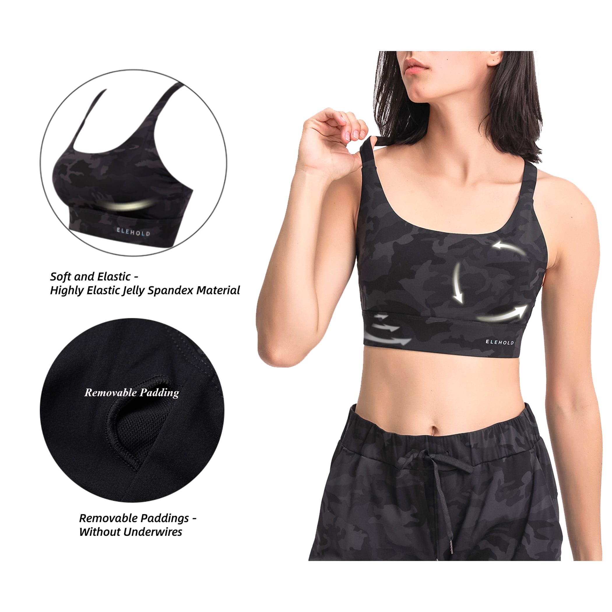 ELEHOLD Women Seamless Exercise Bra Padded Strappy Sports Bras  Nylon,Camouflage Black, Small 