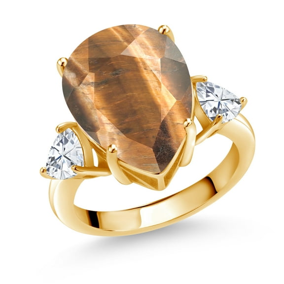Gem Stone King 7.94 Cttw 18K Yellow Gold Plated Silver Pear Shape Brown Tiger Eye and White Moissanite 3-Stone Ring for Women (Size 8)