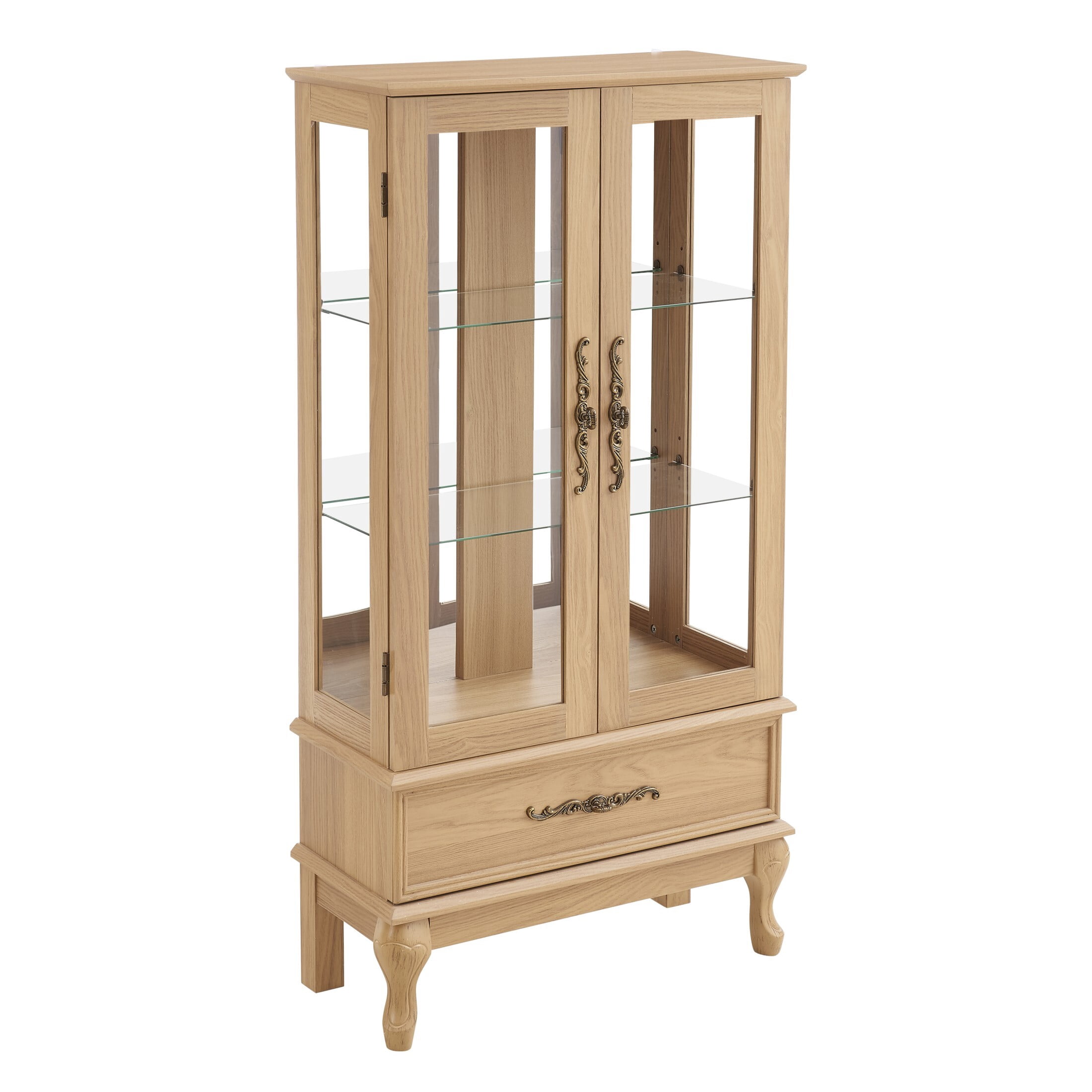 AENKYO Lighted Glass Display Cabinet, Stylish Glass Curio Cabinet with Adjustable Glass Shelves, Light Oak