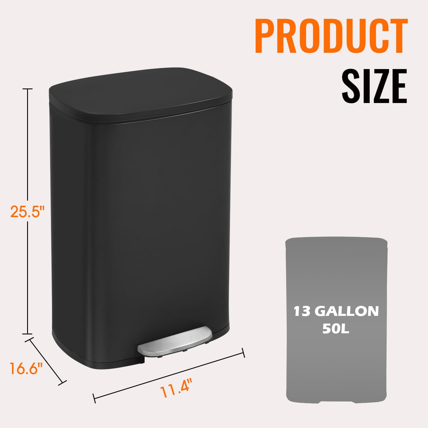 YRLLENSDAN Large Kitchen Trash Can with Lid 13 Gallon Step Trash Can with Foot Pedal Step On Trash Can Odor Control Bathroom Trash Can Stainless Steel Garbage Can for Kitchen,Black