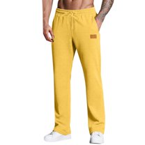 Riecok Mens Sweatpants Open Bottom Elastic Waist Drawstring Solid Color Straight Leg Outdoor Running Jogger Pants with Pockets Yellow L