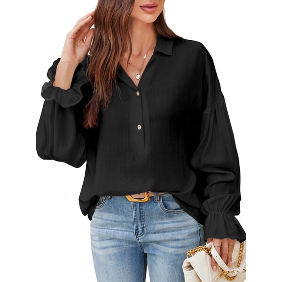 SHEWIN Linen Tops for Women Button V Neck Shirts Roll Up Sleeve Tops Casual Summer Blouses Shirts Black L