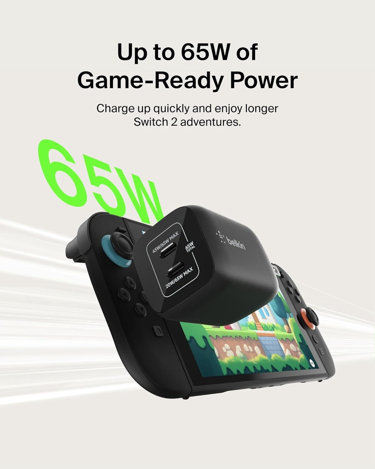 Belkin Gaming Dual USB C Charger Block for Nintendo Switch 2 and Pro Controller w/ 65W GaN Fast Charging, Compatible with Apple iPhone, iPad, MacBook, Samsung Galaxy, Google Pixel & More - Black