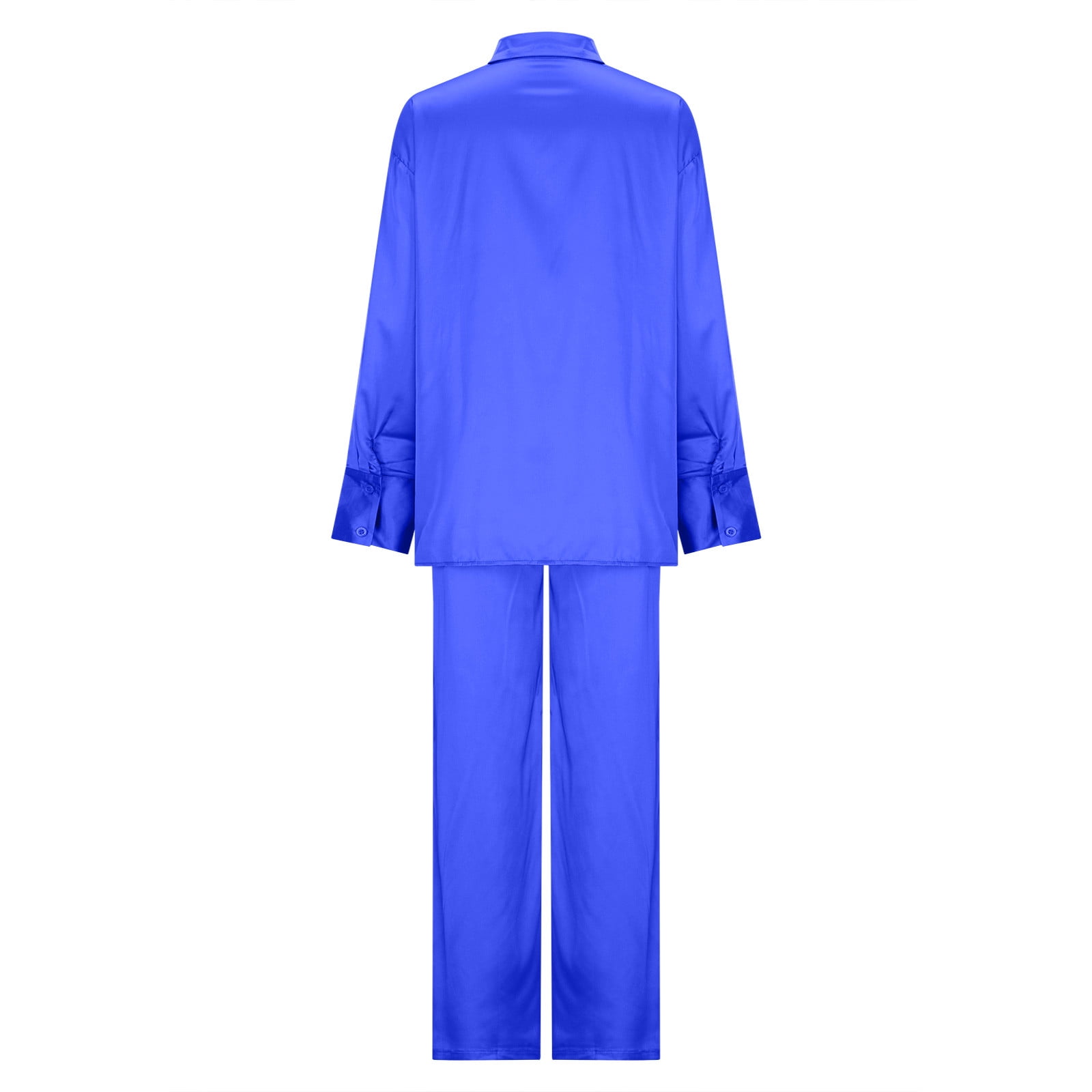 Womens Two Piece Silk Sets Plus Size S-5X Long Sleeve Button Up Shirts Wide Leg Pants Soft Pajama Outfits Casual Solid Loungewear Suits Set