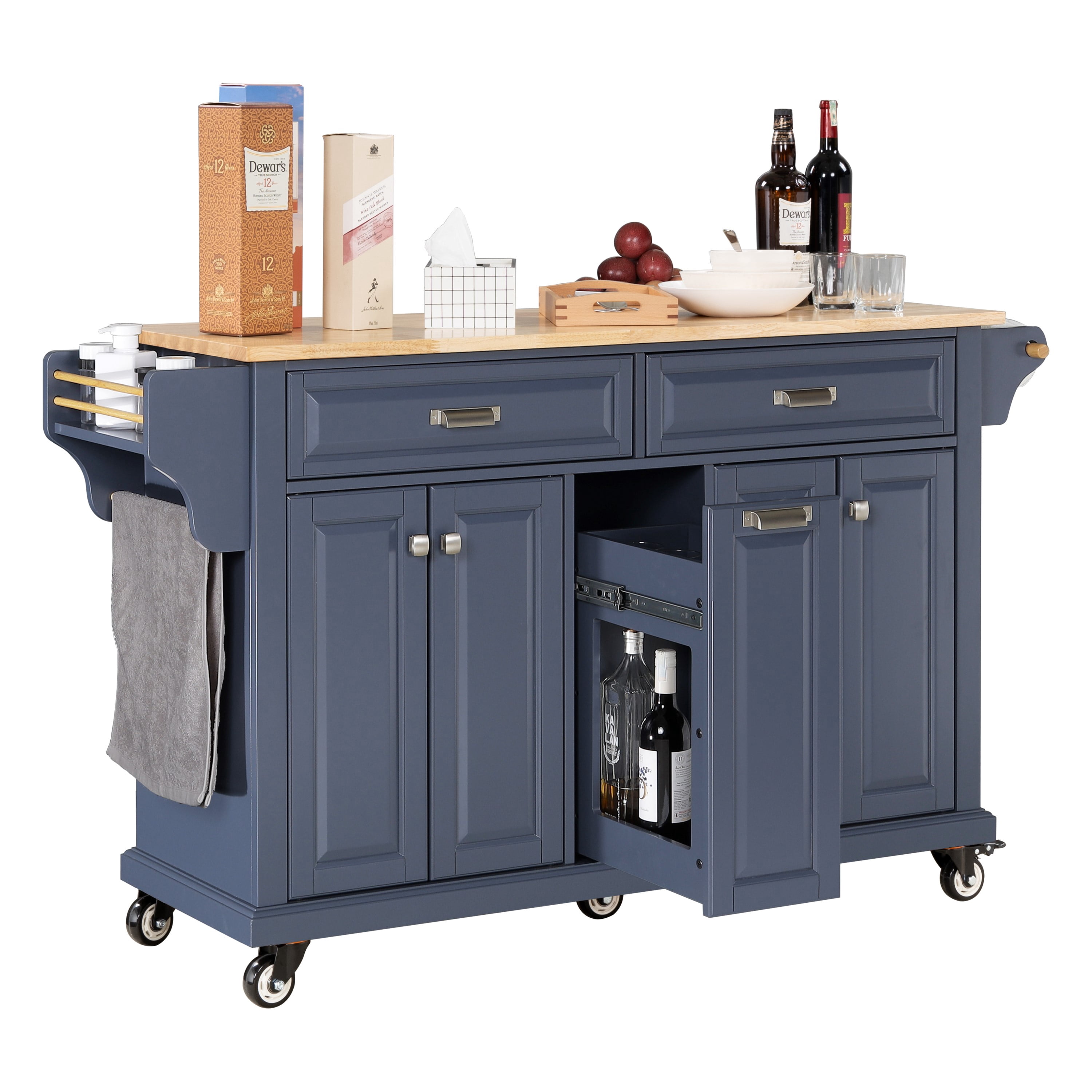 Cambridge Mobile Kitchen Islands on Wheels with Storage, Rubber Wood Countertop, Spice Rack,Towel Holder, 3 Storage Drawers and 2 Cabinets, L60.5 x W18.13 x H36.75IN, (Blue)
