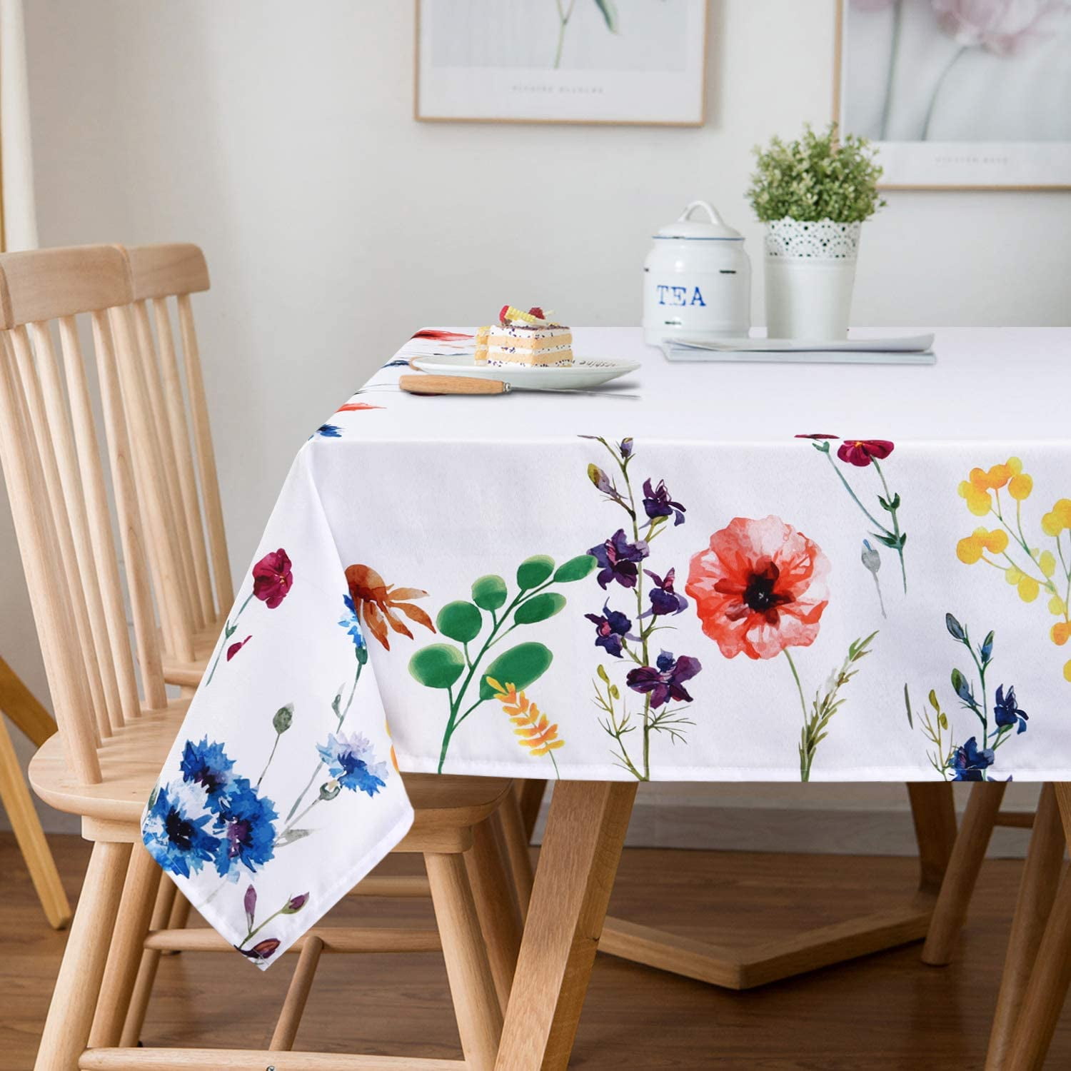 Qilmy Watercolor Blue Flower Square Tablecloth Dust Proof Cover Table Cloth Cover Mat Washable Polyester Decorative for Kitchen Dinning Holiday Party Wedding Picnic 60 x 60 Inch