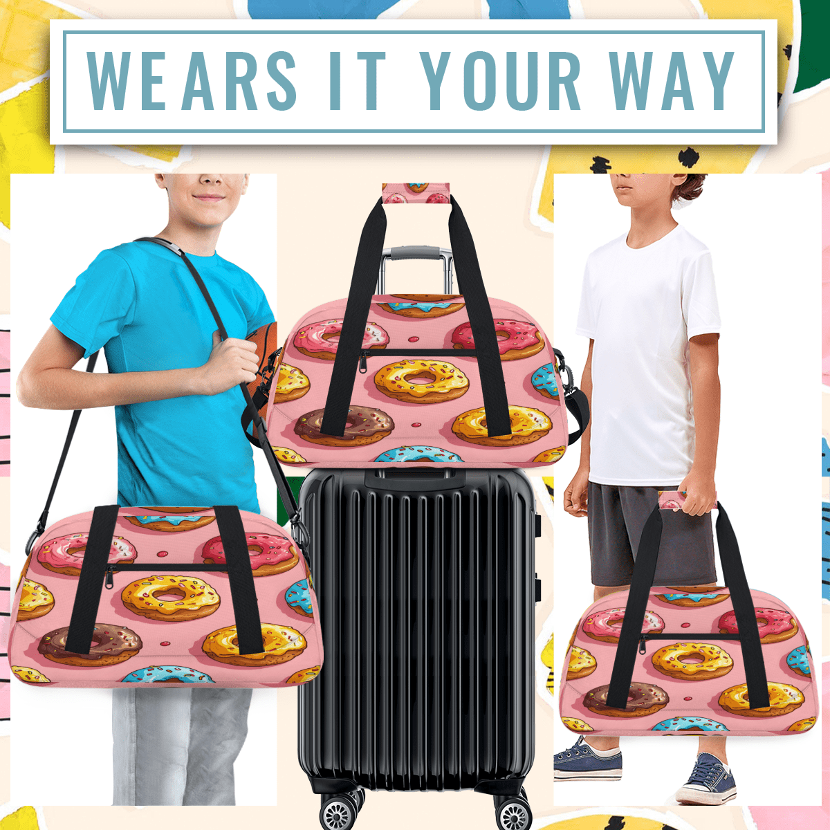 Herdesigns Donuts Sports Duffle Bag for Women & Men, Sweet Donut Gym Bag Dance Bag Overnight Bag Carry On Weekender Travel Bag