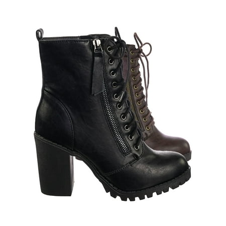 Malia by Soda, Military Lace Up Combat Ankle Boot On Chunky Block Heel Lug Sole