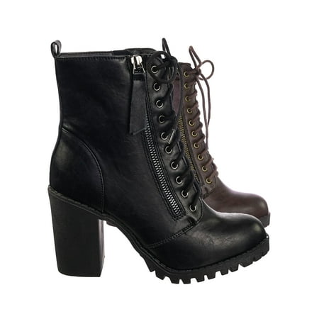 Malia by Soda, Military Lace Up Combat Ankle Boot On Chunky Block Heel Lug Sole (Best Combat Boots For Running)