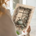 thumbnail image 5 of Rustic Weathered Wooden Window Frame with Green Ceramic Vase and Bird, 8x12 Inches Metal Wall Art Painting for Home Decor, 5 of 7