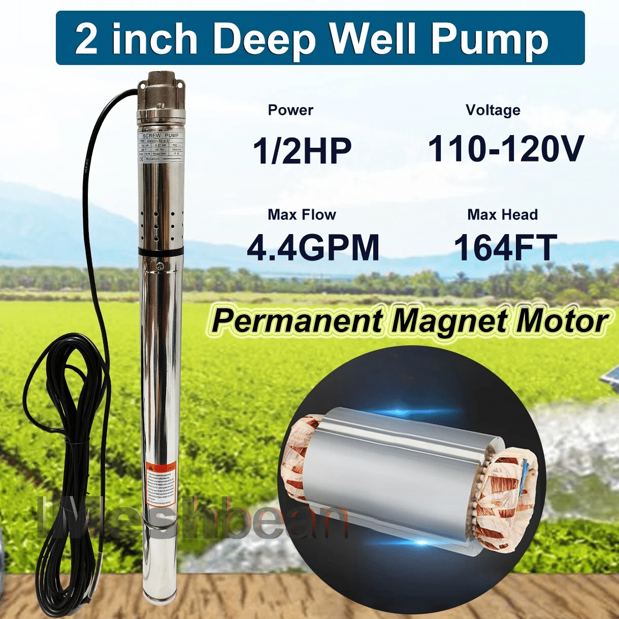 iMeshbean 2" OD 1/2HP Deep Well Submersible Pump 110V 4.4GPM 164FT Max 33FT Cord 1/2in NPT