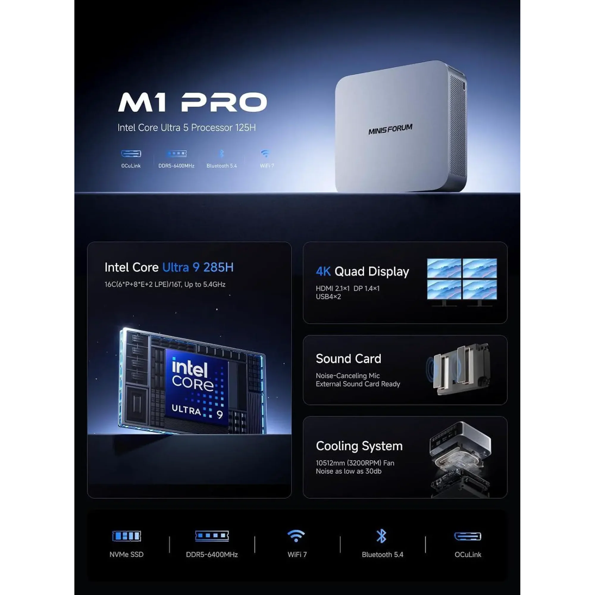 MINISFORUM M1 Pro Mini PC Core Ultra 9 Processor 285H(16C/16T) 32GB DDR5 1TB SSD Desktop Computer, HDMI|DP|2xUSB4 Video Output, 2.5G RJ45/WiFi7/BT5.4