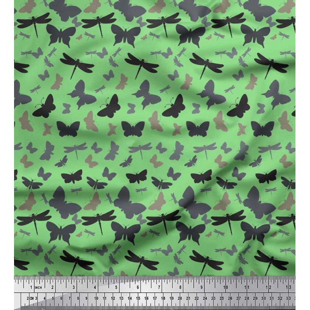 Soimoi Tissu Viscose Georgette Vert Imprimé Artistique d'Insectes au Mètre 42 Pouces de Large