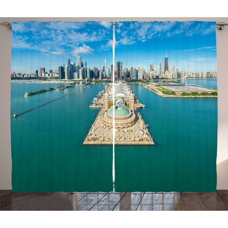 Pier 1 Bedroom - Chicago Skyline Curtains 2 Panels Set, Aerial Panorama of Navy Pier Marine Metropolis Big City Silhouette View, Window Drapes for Living Room Bedroom, 108W X 108L Inches, Multicolor, by Ambesonne