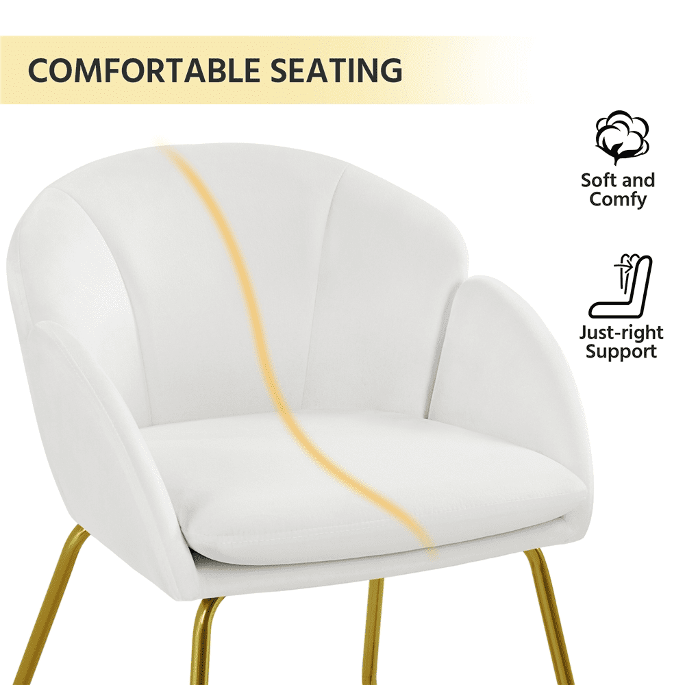 Alden Design Flower Shape Velvet Accent Chair with Golden Metal Legs for Livingroom, White