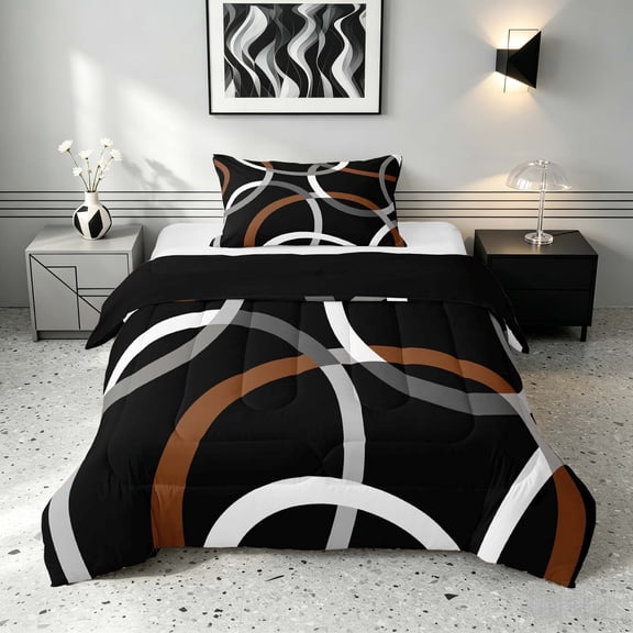 Manfei Black Brown Circle Twin Comforter Sets,Aesthetic Minimalist Bedding Set, Black Reversible 2pcs, 1 Comforter and 1 Pillowcase