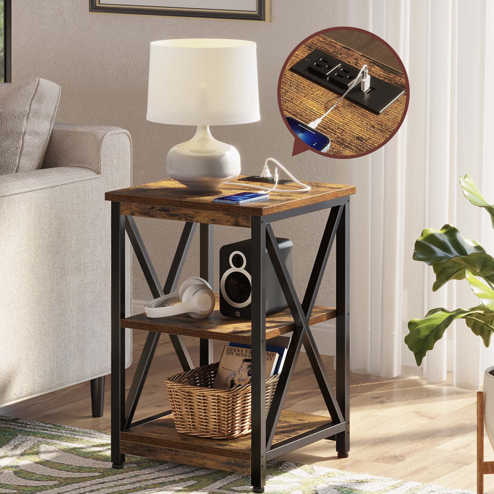 Rolanstar End Table, Farmhouse Style Side Table with Charging Station, 2 USB Ports, 3 Tier Open