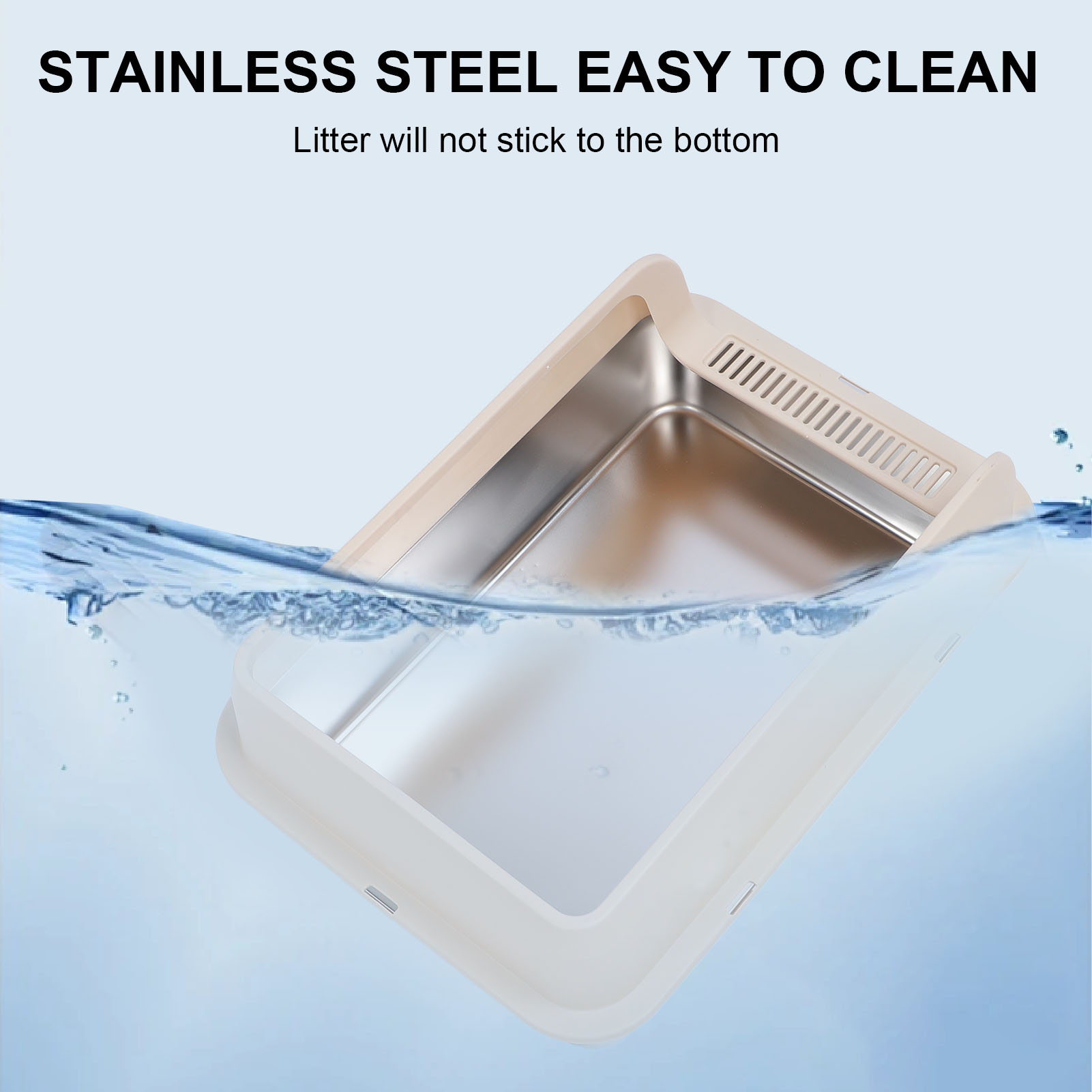 BOKYAN Stainless Steel Cat Litter Box Anti Splashing High Sided Metal Kitty Tray with Scoop for Indoor Cats Beige Large 19.7 x 13.8 x 9.8 inches / 50 x 35 x 25 cm