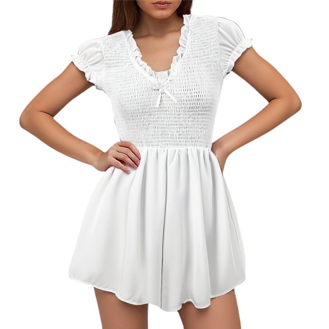 Mono de verano informal de punto elástico con lazo, manga corta y escote en V profundo para mujer