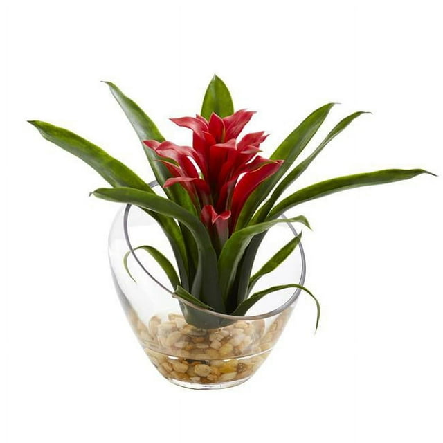 Nearly Natural 1535-R D 8 in. Tropical Bromeliad in Angled Vase Artificial Arrangement, Red