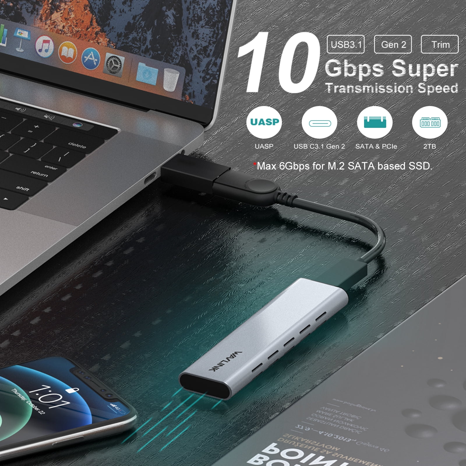 8TB SSD Enclosure, 10Gbps USB to NVMe PCI-E & SATA SSD Case, with UASP Trim for M-Key/B+M Key SSD