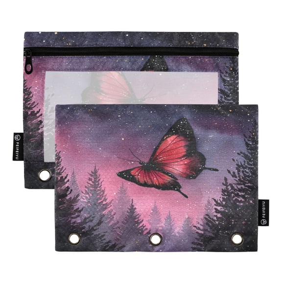 2 Pack 3 Ring Binder Pouch with Clear PVC Window Water Resistant Zipper Pencil Pouch An Elegant Red Butterfly Binder Pocket for Classroom Office Home Stationery Organization