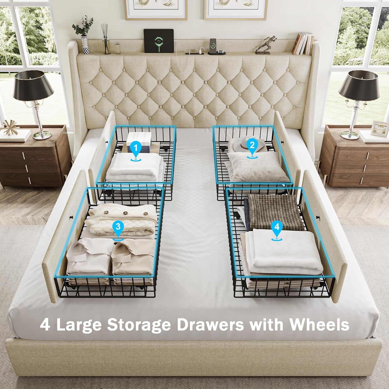 Galnfu King Size Bed Frame with 4 Storage Drawers, Giant Upholstered Wingback Headboard, Fast Charging Station, No Box Spring Needed, Noise-Free,Beige