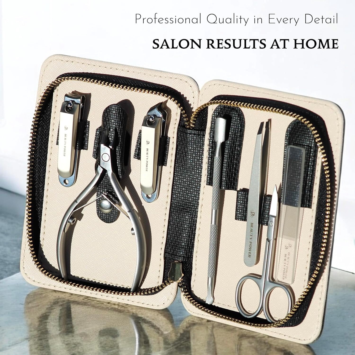 Beauty Power Manicure Pedicure Set 7-in-1 Stainless Steel, Ultra Sharp, Slanted Nail Clipper, Fingernail Clipper, Cuticle Nipper, Glass Nail File, Eyebrow Tweezers, Scissors – Gift Idea