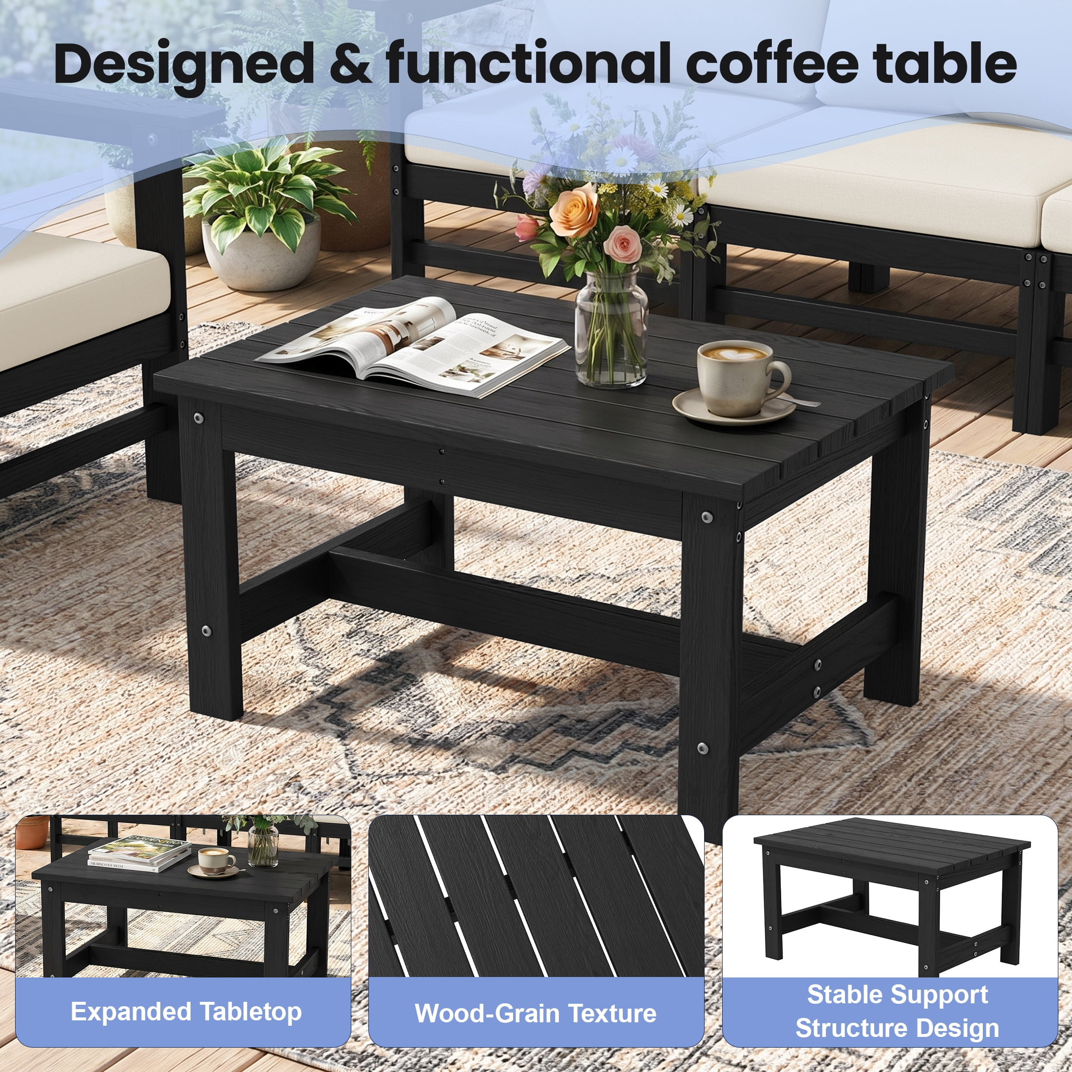 UDPATIO HDPE Patio Conversation Set, 6-Piece Sectional Outdoor Furniture Set, All-Weather Outdoor Couch Set for Deck, Lawn, Black Frame with Beige Cushion