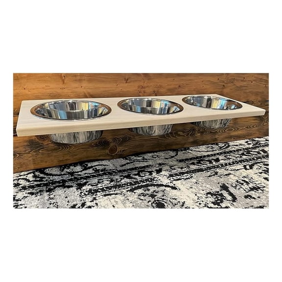 Chic, Floating, Wood, Height-Flexible Wall Mount Dog/Cat/Pet Food & Water Bowl Holder/Feeder with 3 S.S. Dishwasher-Safe Bowls (~ 2 Quart / 64 oz / 1890 ml) for Large Pets. 3-Screw Installation.
