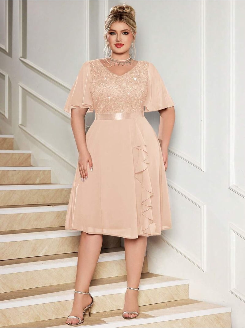 formal champagne plus size dress V-Neck Sequin Lace Chiffon Butterfly Sleeve Ruffle Hem Evening For Occasions CMO LBD - REPORT