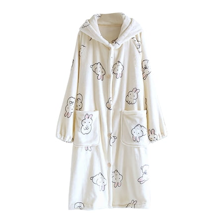 uublik Bath Robes Women Flannel Robes Casual Hoodies Long Sleeves Robes Winter Woman Bathrobe Nightwear Beige