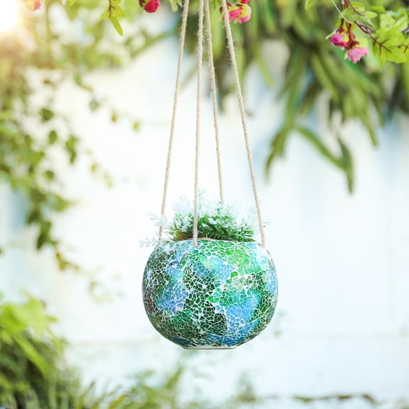 Green Ceramic Hanging Planter, Handmade Mosaic Small Flower Pot with Drainage Hole, Ideal for Indoor Outdoor Plants and Garden Home Decor