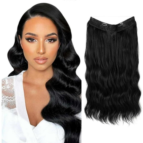 Women Adjustable Headband Halo Hair Extensions Invisible Wire Wavy Curly Long Synthetic Hairpieces 1B--20inch