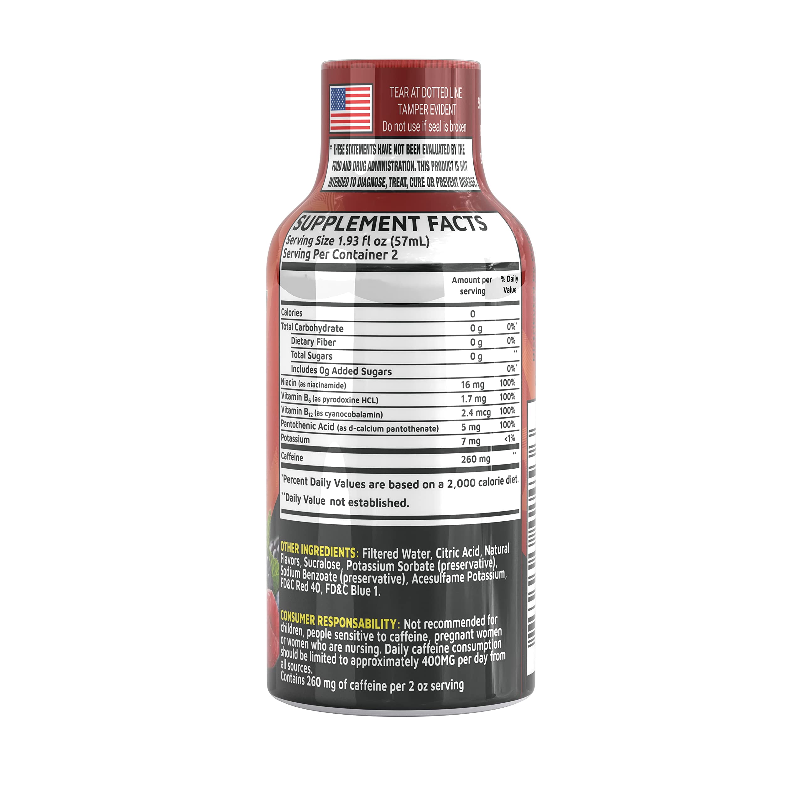 Grade A Quality Fruit Punch Extra Strength Shot, 12 Pack – 260mg Natural Caffeine, B12 & B6, 2 Servings, Zero Sugar, 1.93 fl oz