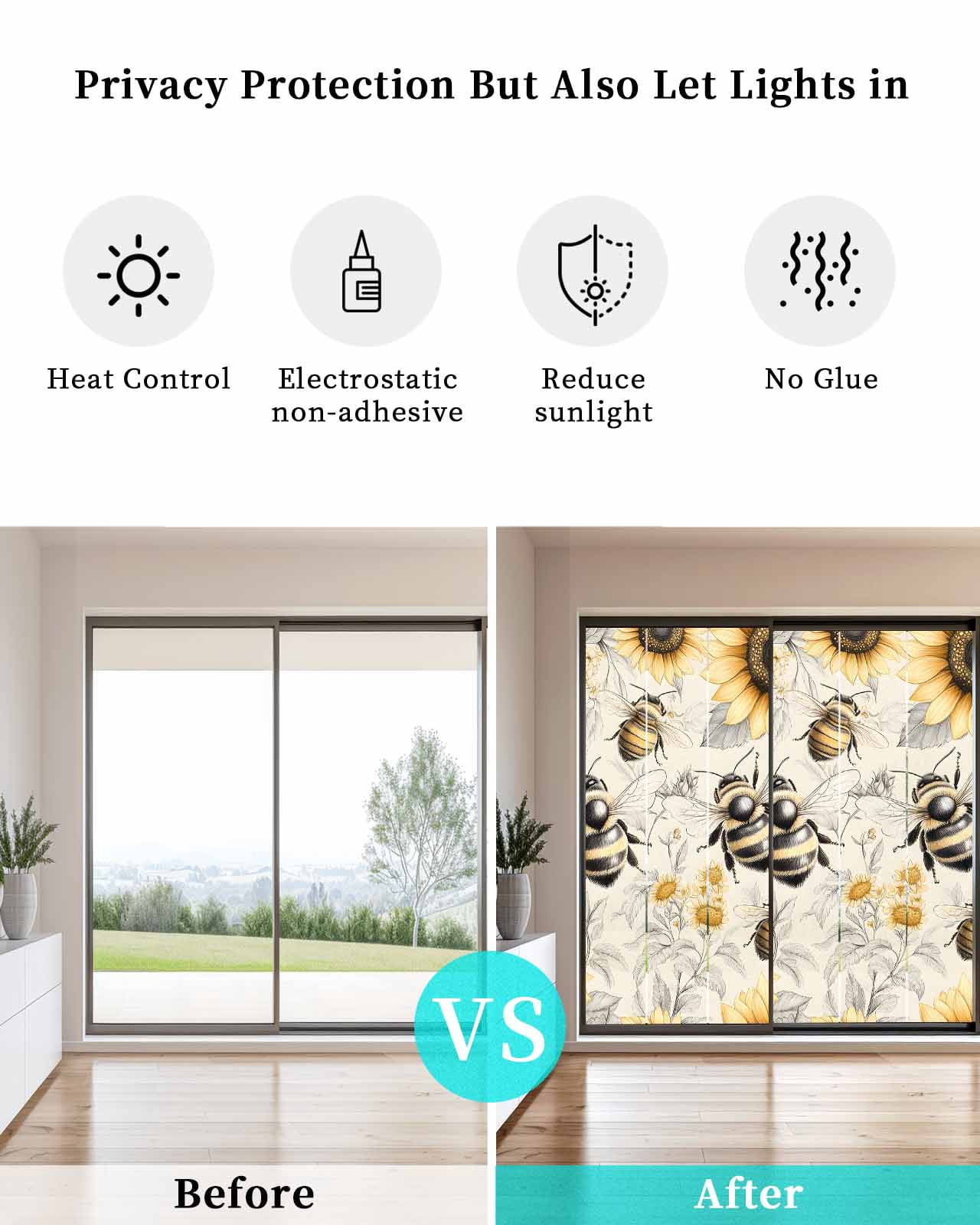 Window Privacy Film Sunflowers Stained Glass Window Film Decorative Sun Block Window Cover Spring Farm Bees Garden Vintage Window Clings Static Adhesive Sticker for Bathroom 35.4"x78.7"