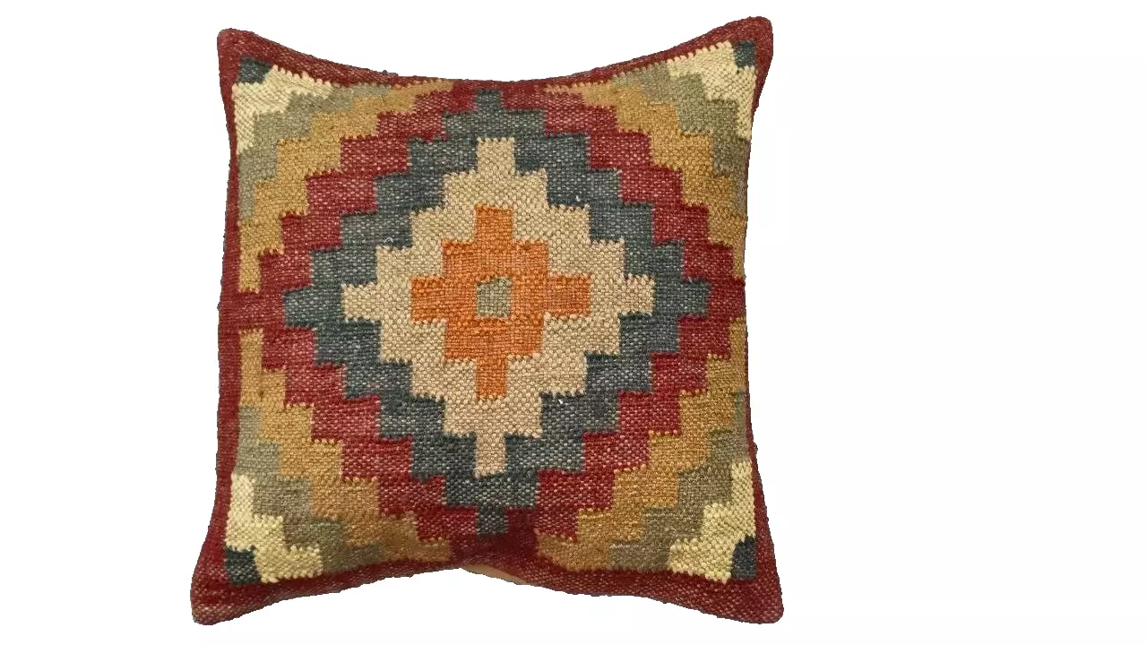 Indian Jute Kilim Cushion Cover Throw Pillow 18" Square Home Decor Handmade Woll