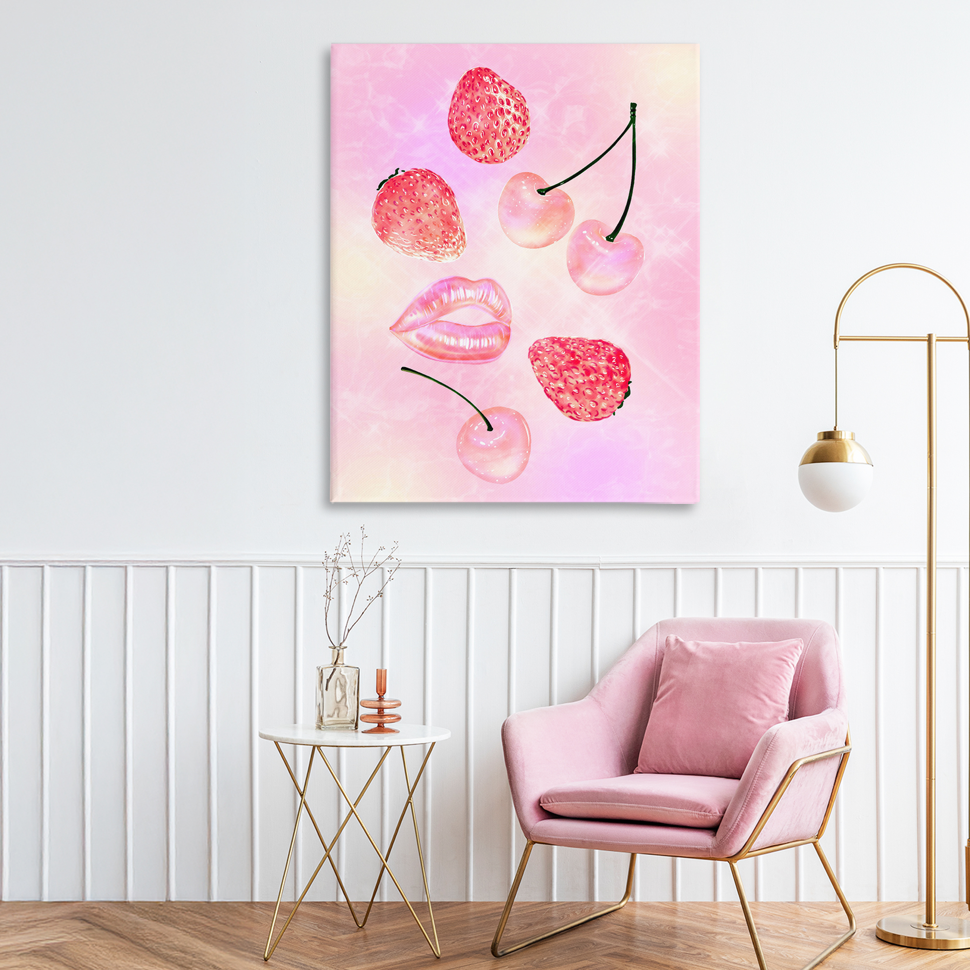 Pink Fruits and Kisses Canvas Wall Art, design by Ziwei Li