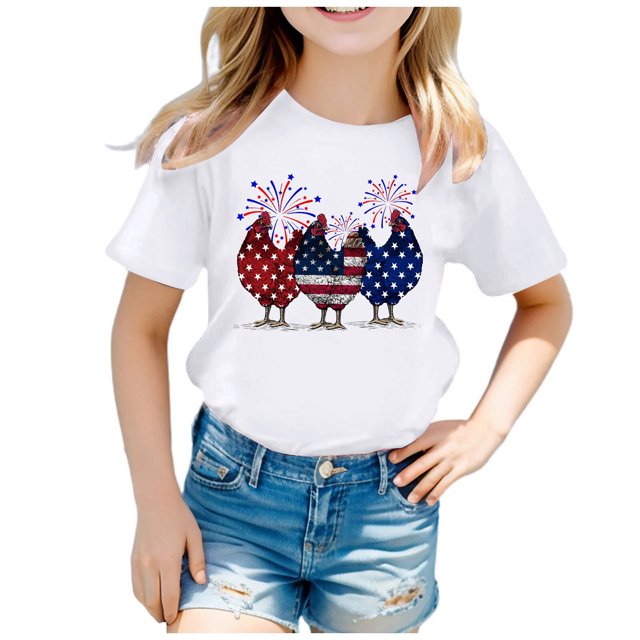 TIEVOSA Kid Independence Day Theme Fashion Part Print Short Sleeve Round Neck T Shirt for 4-5 Years(White)