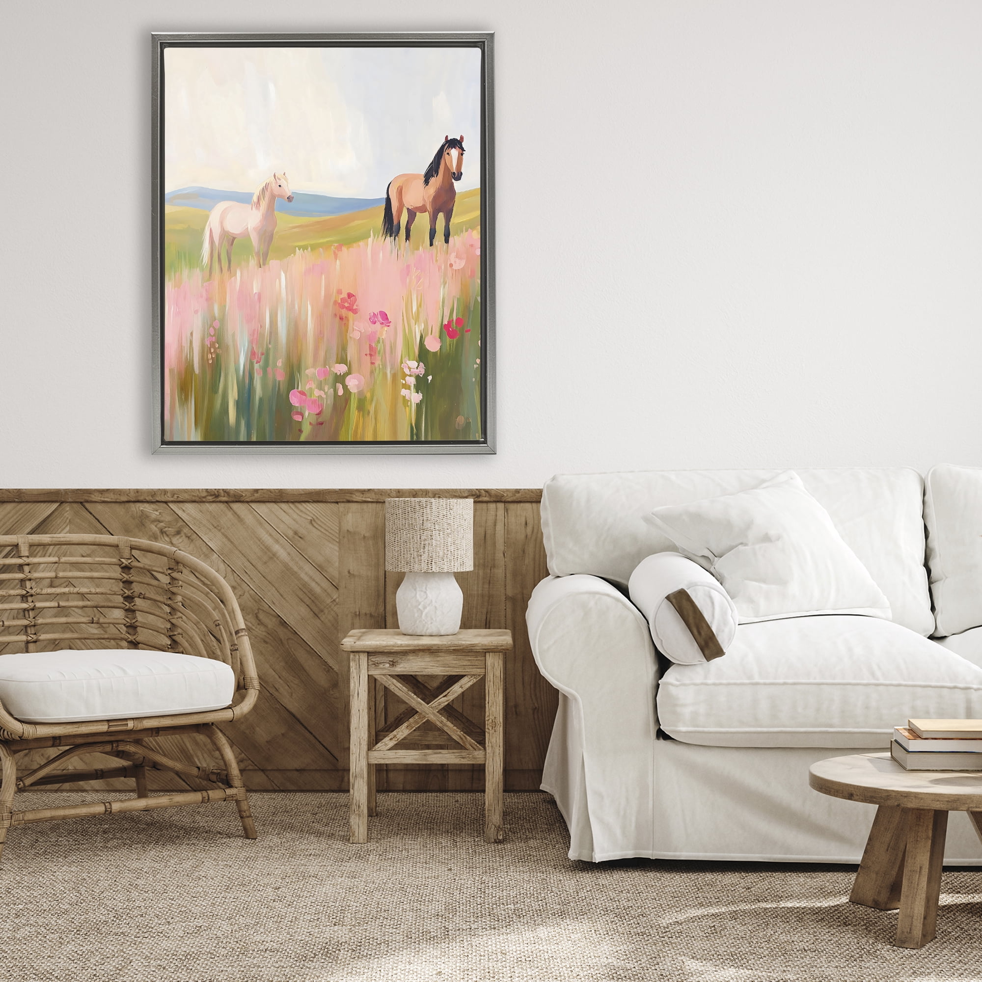 Stupell Industries Wild Horses in Pink Meadow Gray Framed Floater Canvas Wall Art, design by The Prints Vibe